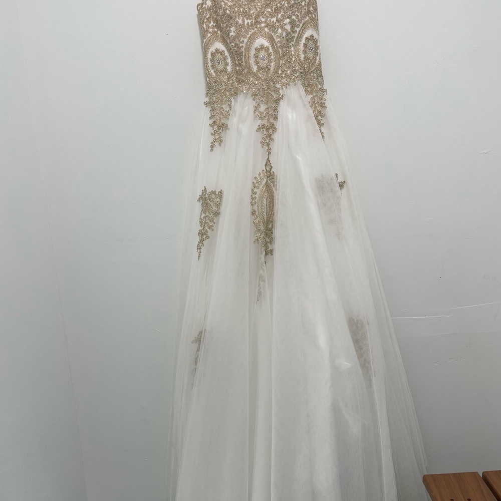 Elegant White and Gold Strapless Gown